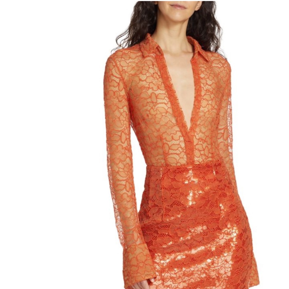 LaQuan Smith Orange Lace Button Down Shirt
